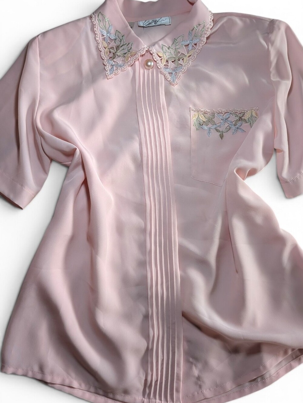 VTG 80s Kathy Choi Blush Pink Embroidered Lace Collar Pintuck Blouse Shirt Sz M
